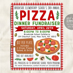 Ulotka na zbiórkę funduszy Pizza Dinner Edytowalny szablon, Wydarzenie charytatywne Pizza Italian Dinner, PTO PTA Szkoła Kościół Sport Funkcja Charytatywna dla społeczności