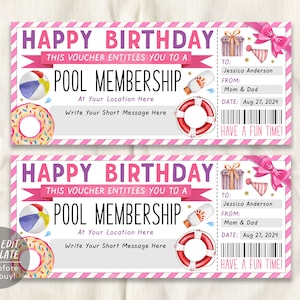 Geschenkgutschein für Pool-Memsuren bearbeitbare Vorlage, Geburtstagsüberraschung Swim Club Season Pass Gutschein Coupon Pool Reveal