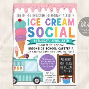 Ice Cream Social Flyer bearbeitbare Vorlage, Lehrer-Anerkennungswoche, Sommer-Eiswagen-Wagen Fundraiser-Poster-Schule, Kirche PTA PTO