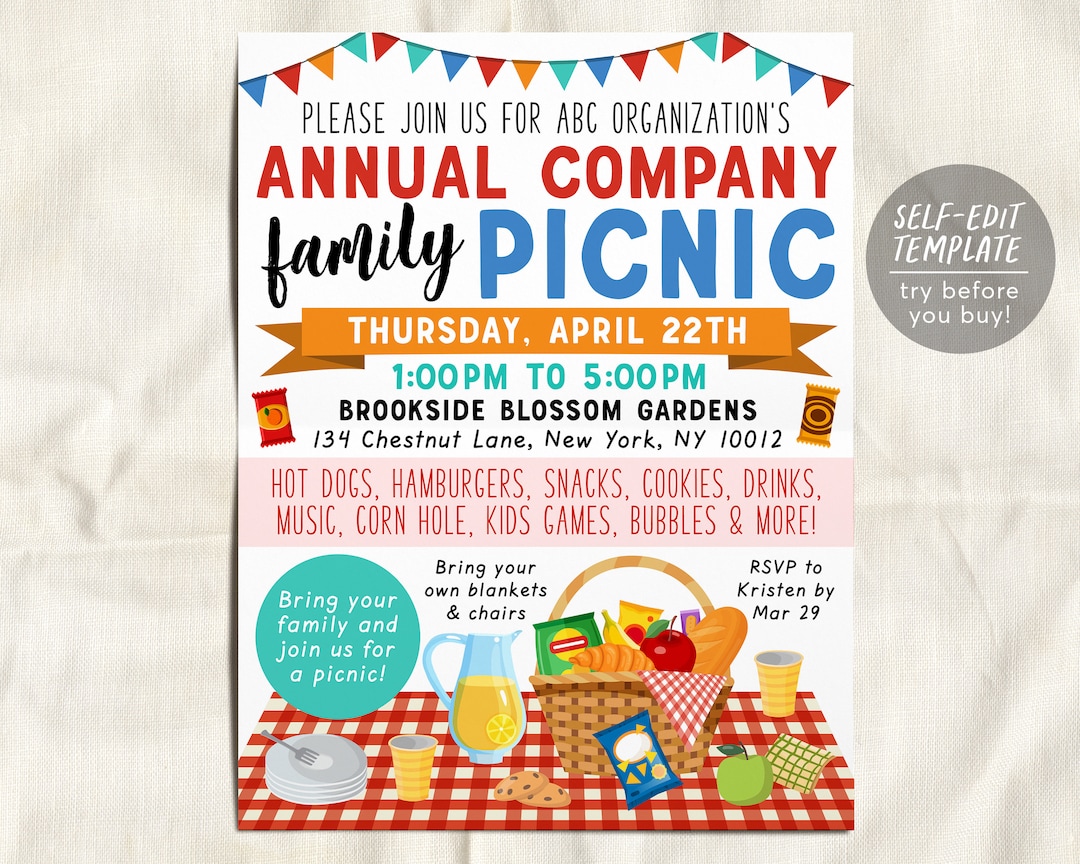 Company Picnic Flyer Editable Template, Staff Employee Customer Company Picnic Flyer Editable Template, Staff Employee Customer