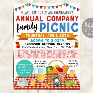 Company Picnic Flyer Editable Template, Staff Employee Customer Appreciation Lunch, Spring Summer Family Picnic Workplace Fundraiser Invite