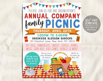 Company Picnic Flyer Editable Template, Staff Employee Customer Appreciation Lunch, Spring Summer Family Picnic Workplace Fundraiser Invite