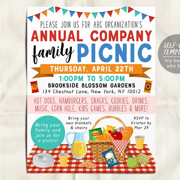 Company Picnic Flyer Editable Template, Staff Employee Customer Appreciation Lunch, Spring Summer Family Picnic Workplace Fundraiser Invite