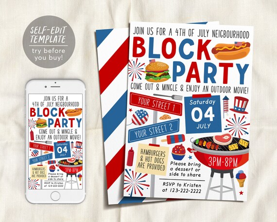 4th of July Block Party Invitation Editable Template, Independence Day Fourth of July Open House Invite, BBQ Barbecue Picnic Summer Party
