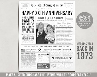 Plantilla editable de periódico de regalo para el 50.º, 51.º y 52.º aniversario de 1973. Boda personalizada para padres, esposo o esposa.