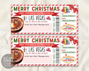 May include: A printable Las Vegas travel ticket template featuring a roulette wheel, playing cards, dice, and poker chips. The text reads Merry Christmas, Pack Your Bags! You're Going To Las Vegas, Dec 27, 2023 to Dec 30 2023, To: Jessica Anderson, From: Marcus Williams.