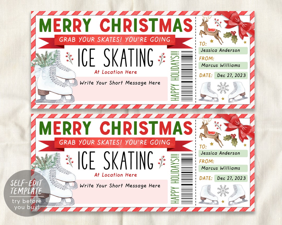 Ice Skating Christmas Gift Voucher Editable Template, Surprise Skating