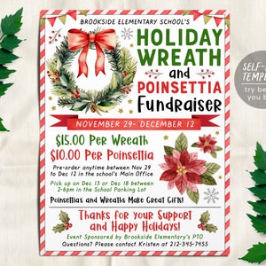 Może przedstawiać: Ulotka w czerwono-białe paski z akwarelową ilustracją świątecznego wieńca i poinsecji. Tekst głosi "Holiday Wreath and Poinsettia Fundraiser" z datami "November 29 - December 12". Ulotka zawiera również informacje o cenach wieńców i poinsecji, daty i godziny odbioru oraz dane kontaktowe organizatora wydarzenia.