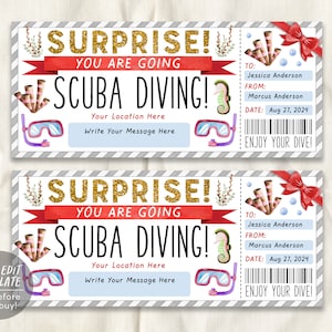Scuba Diving Ticket Editable Template, Surprise Snorkeling Experience Reveal Gift Voucher, Deep Sea Diving Trip Gift Certificate Printable
