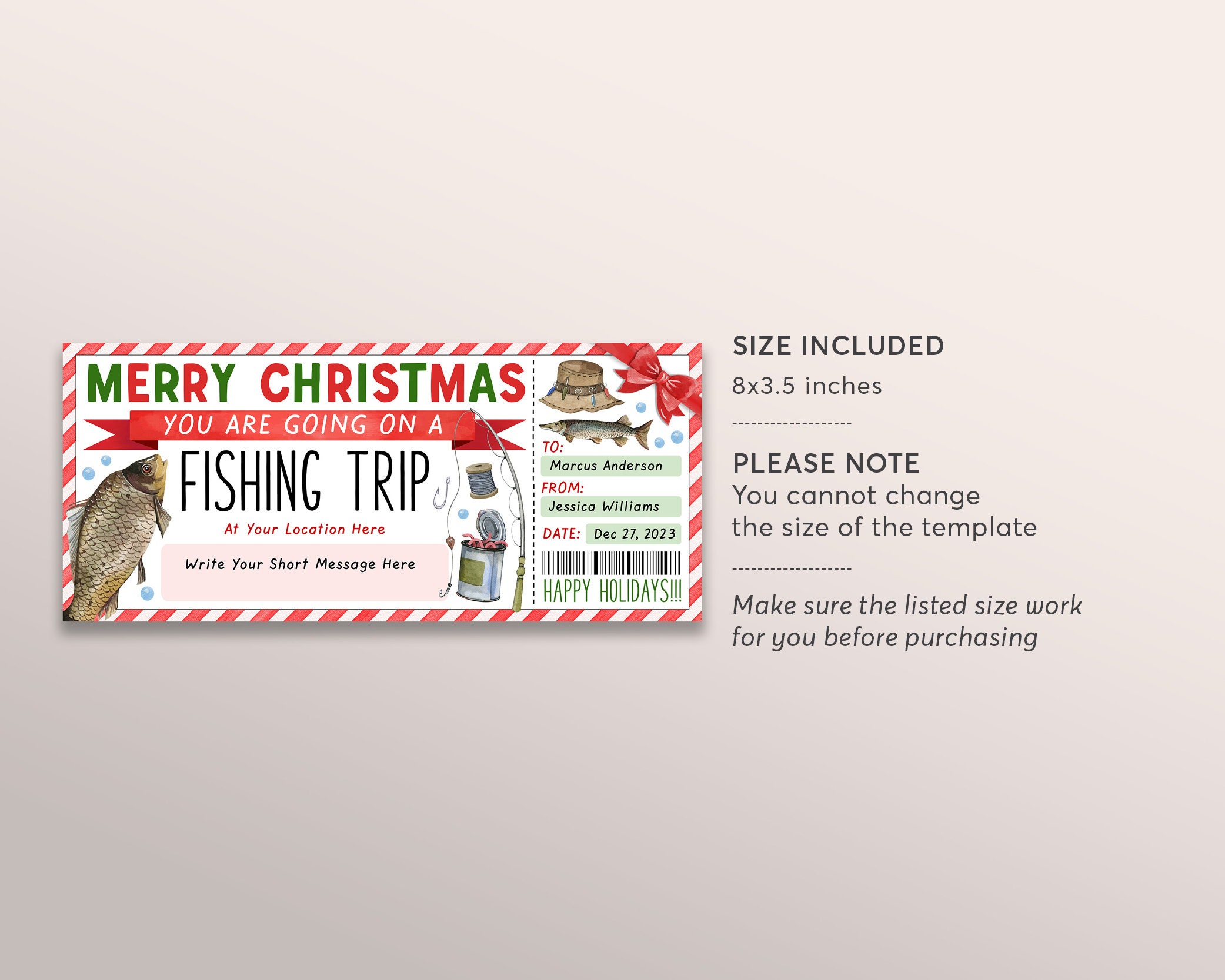 Christmas Fishing Trip Ticket Editable Template, Surprise Fishing