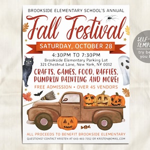 Halloween Fall Festival Flyer Editable Template, Fall Harvest Pumpkin Truck Festival Invitation, Fall Fest School PTO Church Community Event