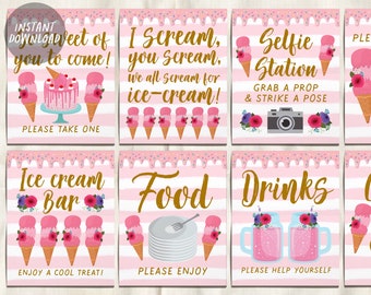 Ice Cream Birthday Baby Shower Signs BUNDLE, Blush Floral Summer Ice Cream Themed Table Decor, Ice Cream Bar Selfie Station Instant Download