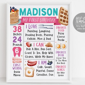 Modèle modifiable de signe d'étape importante de première année de brunch de petit déjeuner, affiche de statistiques de naissance de décor de fille Rise and Shine, panneau d'un an de crêpes