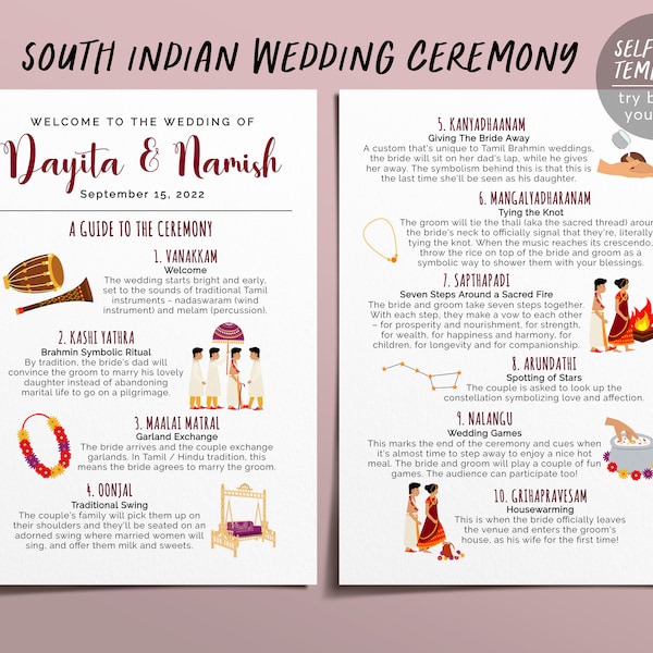 Zuid-Indiase bruiloft programmasjabloon, bewerkbare brahmaan Tamil bruiloftsprogramma, Indiase ceremoniegids, hindoe-infographic
