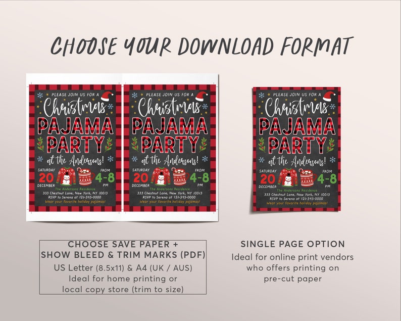 May include: Printable Christmas Pajama Party invitation with a red and black plaid background. The invitation features a snowman and a mug with a red and white striped design. The text on the invitation reads "Please join us for a Christmas Pajama Party at the Andersons!" with the date and time of the party. The invitation is available in two formats: a single page option and a save paper option with bleed and trim marks.