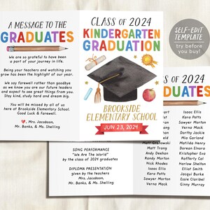 May include: A kindergarten graduation program template featuring a black graduation cap, a diploma, an apple, and a pencil. The text includes A MESSAGE TO THE GRADUATES, CLASS OF 2024 KINDERGARTEN GRADUATION, and BROOKSIDE ELEMENTARY SCHOOL.