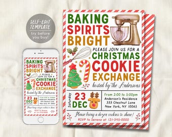 Christmas Cookie Exchange Party Invitation Editable Template, Holiday Cookie Exchange Invite Printable, Baking Spirits Bright Cookie Swap