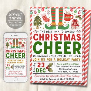 Elf Christmas Party Invitation Editable Template, Christmas Cheer Party For Kids And Adults, Secret Santa Holiday Gift Swap Party Invite