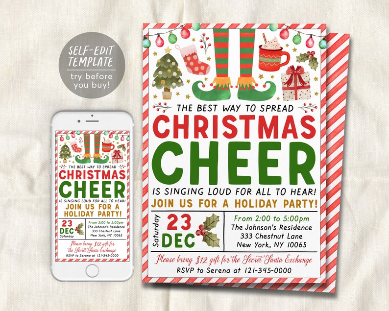 Elf Christmas Party Invitation Editable Template