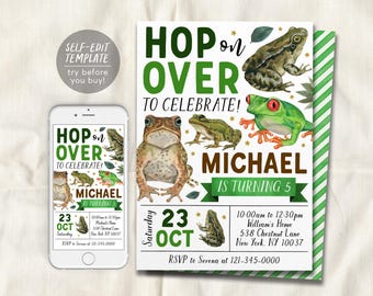 Puede incluir: Una plantilla de invitación de cumpleaños con ranas en acuarela, texto verde que dice HOP ON OVER TO CELEBRATE y el nombre MICHAEL IS TURNING 5. El diseño incluye fecha, hora y lugar, con un teléfono inteligente mostrando el mismo diseño.