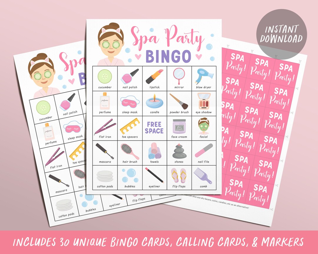 Spa Party Bingo Cards Printable Games for Kids, Spa Bingo Game, Glitz ...