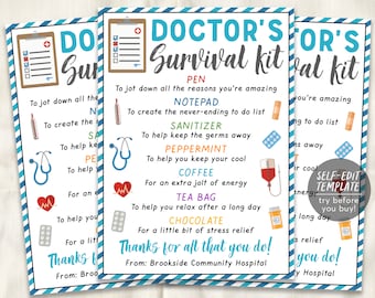 Doctor Survival Kit Gift Tags Editable Template, Doctor Appreciation National Doctors Day Thank You Gifts, Medical Staff Appreciation Week