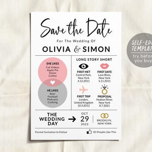 Plantilla editable para guardar la fecha de la boda, en resumen, para imprimir, infografía moderna para bodas, invitación de boda imagen 1