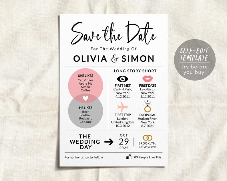 Plantilla editable para guardar la fecha de la boda, en resumen, para imprimir, infografía moderna para bodas, invitación de boda imagen 1