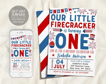 Puede incluir: Una plantilla de invitación de cumpleaños con gráficos patrióticos en rojo, blanco y azul, que incluyen fuegos artificiales, un cupcake y un sombrero de copa. El texto dice Our Little Firecracker is turning ONE para Isabella Anderson.