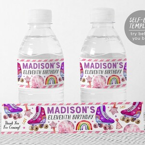 Roller Skating Party Water Bottle Labels Editable Template, Girl Roller Skate Disco Dance Birthday Party Bottle Wrapper Drink Tags Wrap