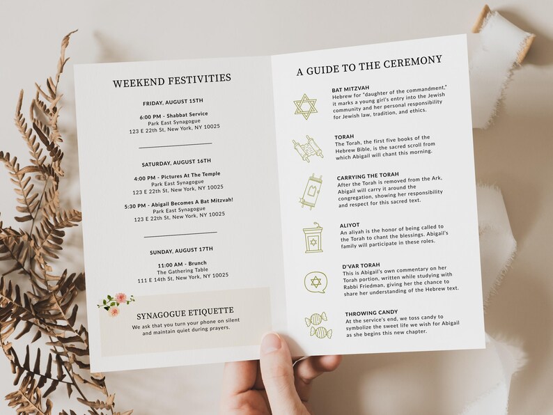 Bat Mitzvah Program Template, Wildflower Boho Jewish Ceremony Folded