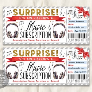 Modelo editável de cartão de presente de assinatura de música surpresa, cupom de voucher de vale-presente de streaming de música para amantes de música, qualquer ocasião