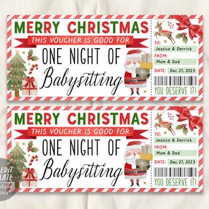 Modèle modifiable de coupon-cadeau pour baby-sitter de Noël, chèque-cadeau pour baby-sitter, carte-cadeau certificat surprise nouvelle maman imprimable