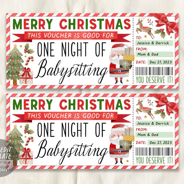 Christmas Babysitting Gift Coupon Editable Template, Babysitter Gift Ticket Voucher, Surprise New Mom Certificate Gift Card Printable