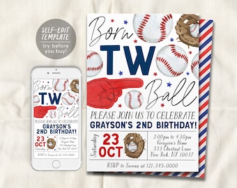 Baseball 2nd Birthday Invitation Editable Template, Boy Born Two Ball Second Birthday Invite, Kids Slugger Sports Theme Evite Printable