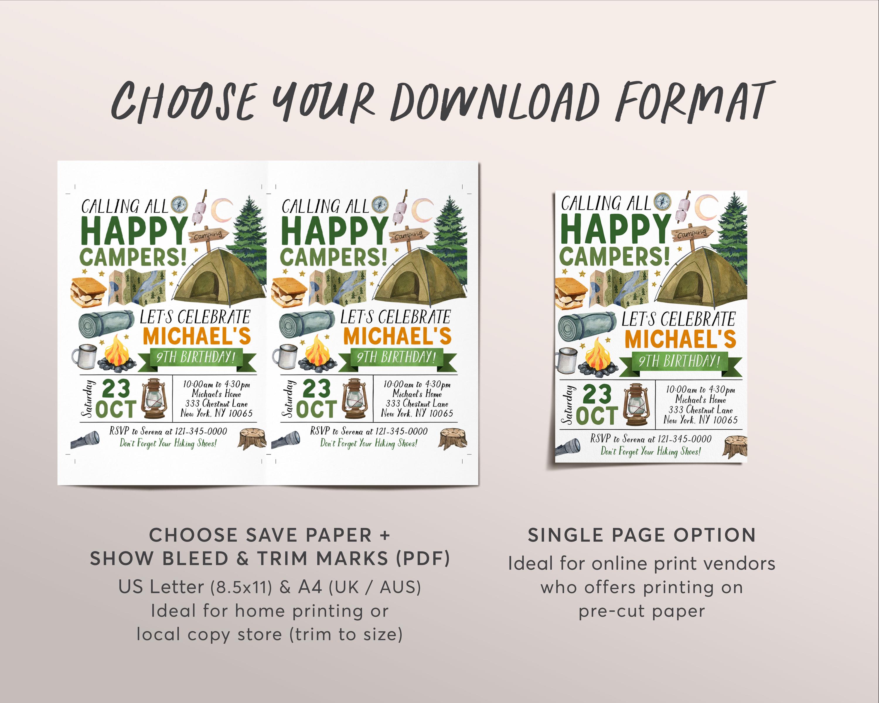 Camping Birthday Invitation Editable Template, Outdoor Camp Out Party ...