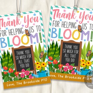 Merci de nous aider à fleurir Étiquettes cadeaux Modèle modifiable, Étiquette d'appréciation florale, Plantes Jardin Fleur Printemps Thème Coach Enseignant Mentor