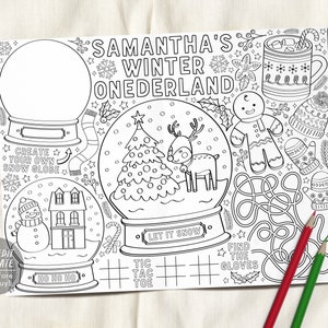 Winter ONEderland Geburtstag Malseite Tischset für Kinder Bearbeitbare Vorlage, Weihnachtswunderland Urlaub Gefälligkeiten 1st Birthday Party Favors