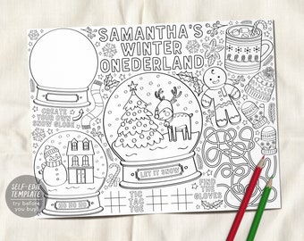 Winter ONEderland Birthday Coloring Page Placemat For Kids Editable Template, Christmas Wonderland Holiday Favors 1st Birthday Party Favors
