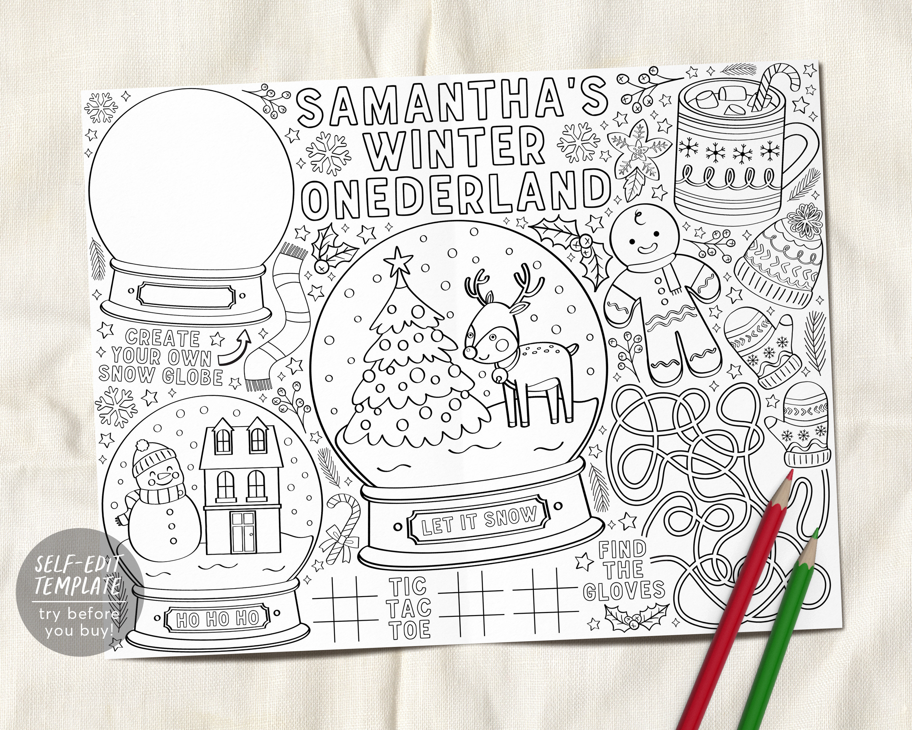 Winter ONEderland Birthday Coloring Page Placemat For Kids Editable Template, Christmas Wonderland Holiday Favors 1st Birthday Party Favors