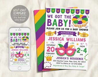 May include: A baby shower invitation template featuring a Mardi Gras theme with a king cake, trumpets, a masquerade mask, and a crown. The text reads WE GOT THE BABY, PLEASE JOIN US FOR A BABY SHOWER, HONORING JESSICA WILLIAMS, SATURDAY 20 FEBRUARY, 2-4 PM.