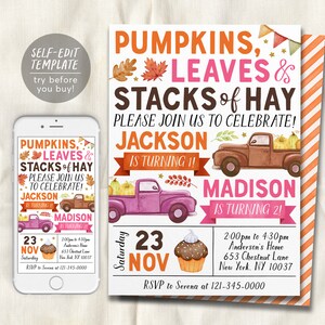 May include: A printable invitation for a fall-themed birthday party. The invitation features a watercolor illustration of a truck with pumpkins and hay bales. The text on the invitation reads "Pumpkins, Leaves & Stacks of Hay" and "Please join us to celebrate!" followed by the child's name and age. The invitation also includes the date, time, and location of the party.