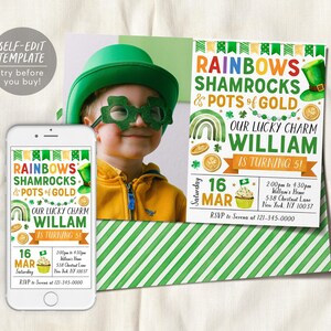 St Patrick's Day Birthday Invitation With Photo Editable Template, Rainbows Shamrock Pots of Gold Party Invite, St Patty's Day Lucky Charm