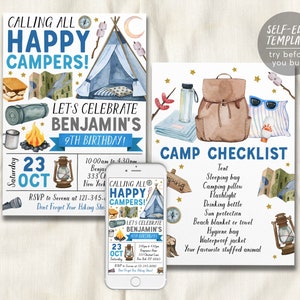 May include: Watercolor camping-themed birthday party invitations and checklist. The invitation features a blue tent, campfire, and text: "Calling All Happy Campers!" and "Let's Celebrate Benjamin's 9th Birthday!" A camp checklist is also included.