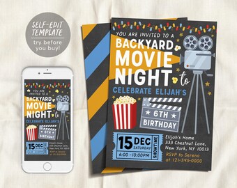 Puede incluir: Una plantilla de invitación digital para una fiesta de cumpleaños de noche de cine en el jardín, mostrada en un teléfono inteligente y una tarjeta impresa. El diseño incluye un proyector, palomitas y una claqueta con los detalles del 6º cumpleaños de Elijah.