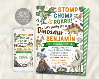 May include: A birthday invitation template featuring watercolor dinosaurs, a volcano, and eggs. Text reads: STOMP CHOMP & ROAR!!! Let's party like a Dinosaur BENJAMIN IS TURNING THREE! Saturday, Dec 16th, 2:00pm to 5:30pm, 333 Chestnut Lane, New York, NY 10013.