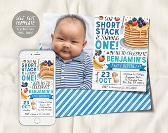 Pancakes Breakfast Birthday Invitation With Photo Editable Template, Boy Shortstack First Birthday Brunch Invite, Short Stack Pancake
