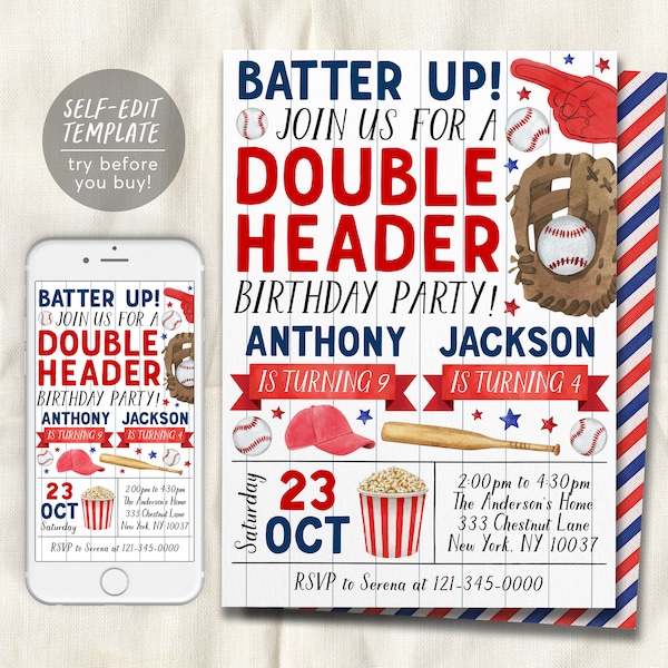 Baseball Joint Siblings Birthday Invitation Editable Template, Brothers Twins Boys Batter Up Invite, Kids Slugger Sports Theme Game Day