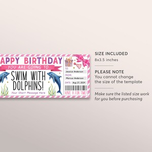 Swim With Dolphins Ticket Editable Template, Birthday Surprise Dolphin ...