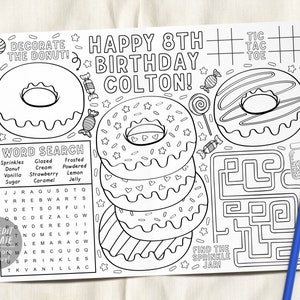 Donut Birthday Party Coloring Placemat For Kids Editable Template, Sweet One Candy Coloring Page Activity Sheet Table Mat Printable Games